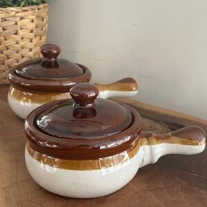 2-Vintage Brown & Cream French Onion Soup Crocks HandleCeramic Bowls